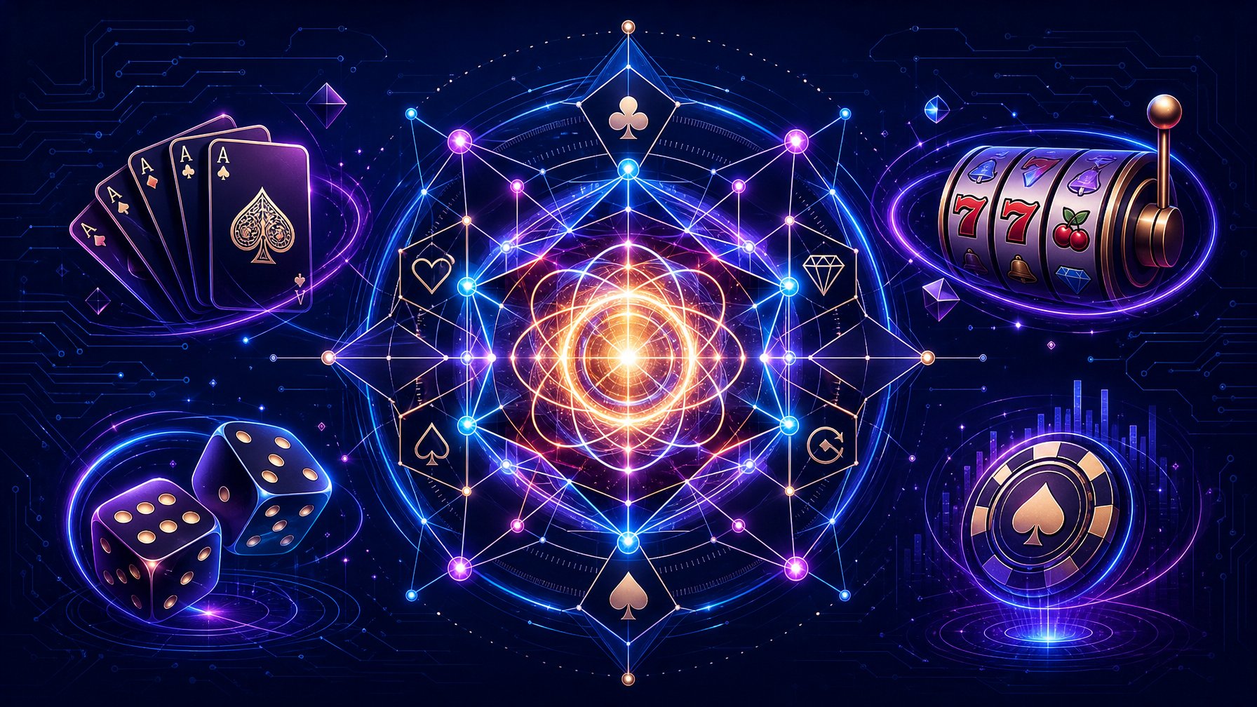 A Glowing Nucleus Surrounded By Interconnected Geometric Shapes And Subtle Casino Gaming Elements Like Cards, Dice, And Slot Icons, Set Against A Sleek Digital Background.