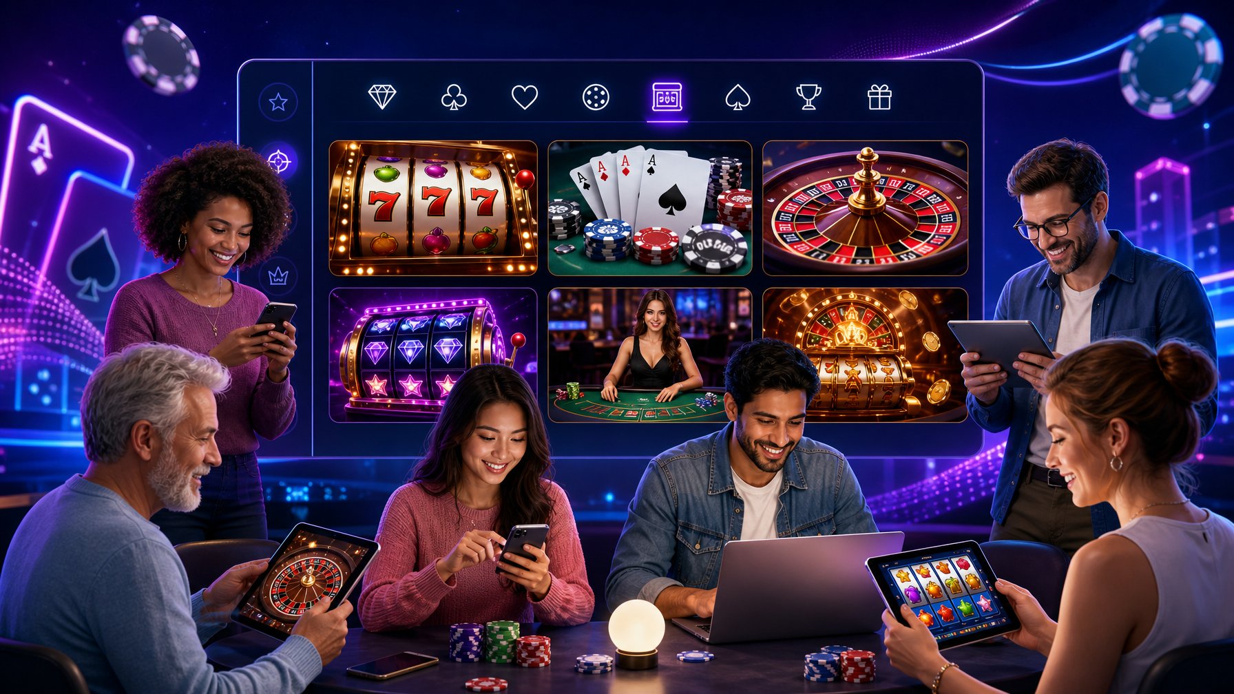 A Diverse Group Of People Playing Casino Games On Various Devices In A Modern Digital Gaming Environment With Colorful Game Icons And Glowing Lights.