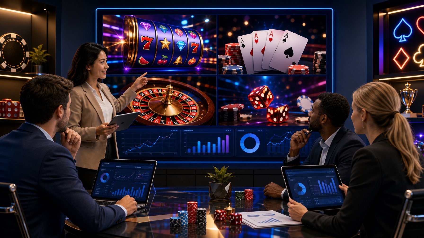 A Group Of Professionals In An Office Reviewing Casino Game Graphics And Data On Digital Screens And Devices.