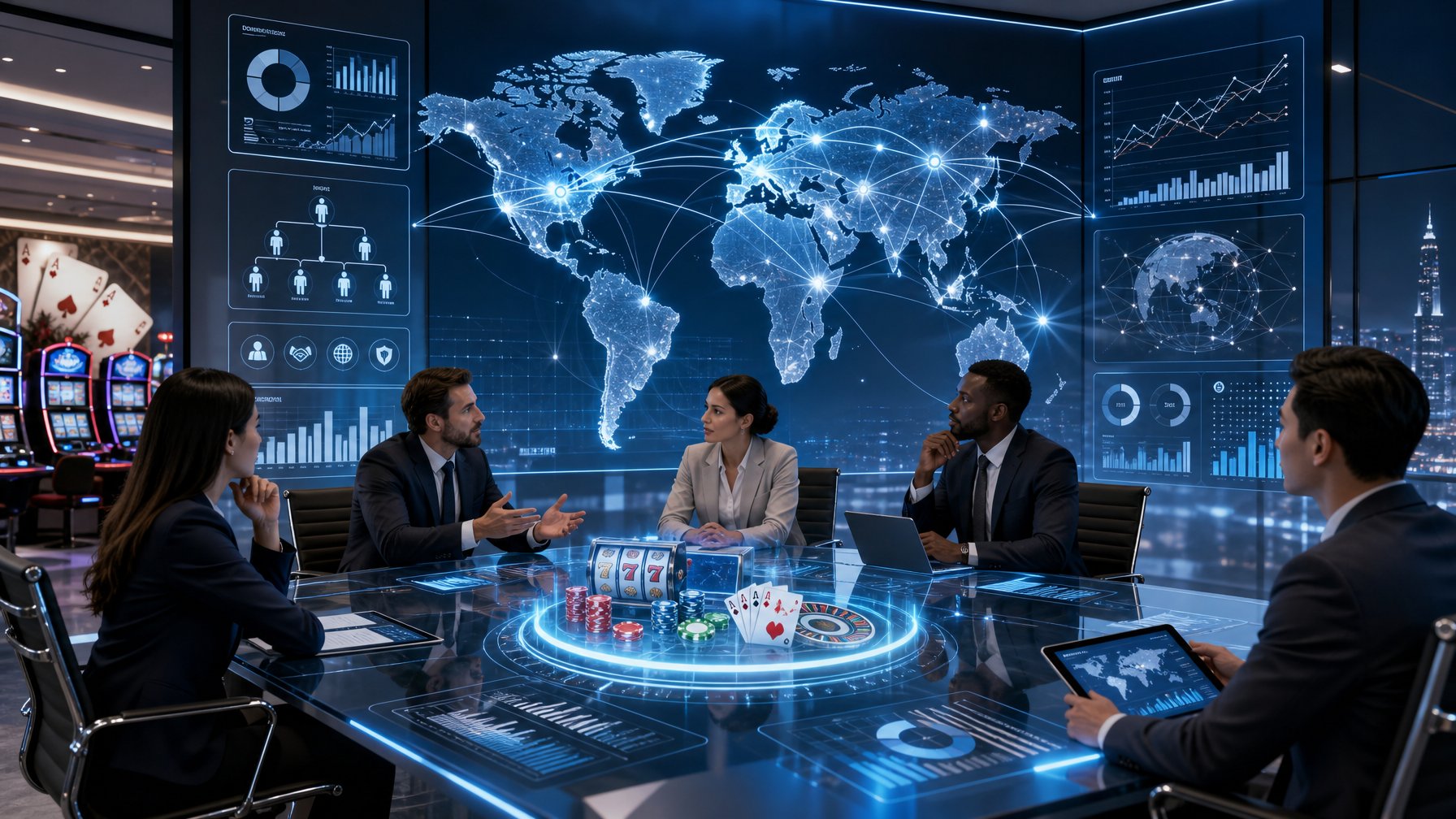 A Corporate Office Scene Showing Business Professionals Discussing Data With A Digital World Map Highlighting Global Connections And Casino Game Elements Integrated Into The Background.