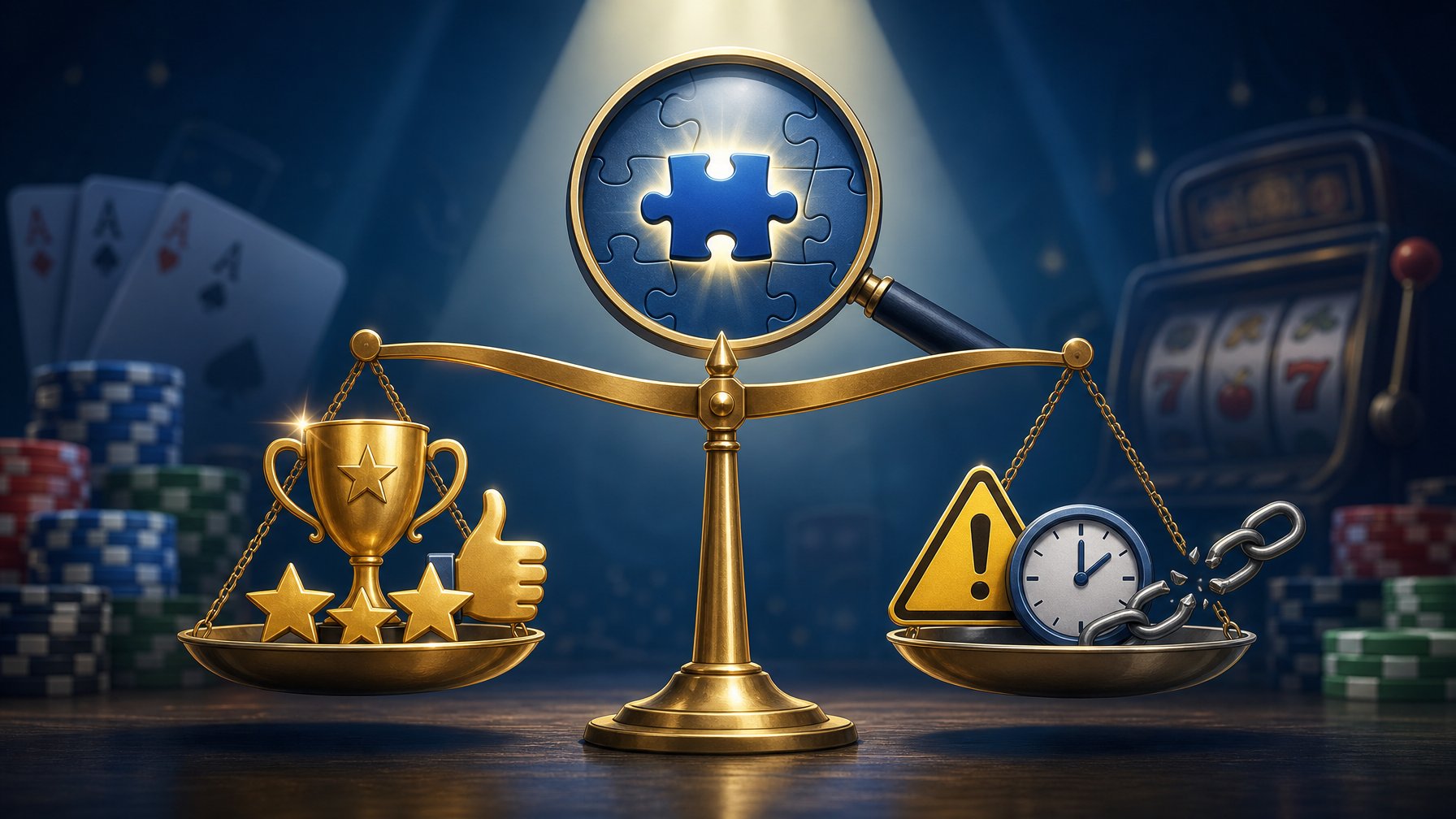 A Balanced Scale With Icons Representing Strengths On One Side And Limitations On The Other, With A Puzzle Piece Fitting Perfectly Above The Scale, Surrounded By Subtle CasinoThemed Elements.