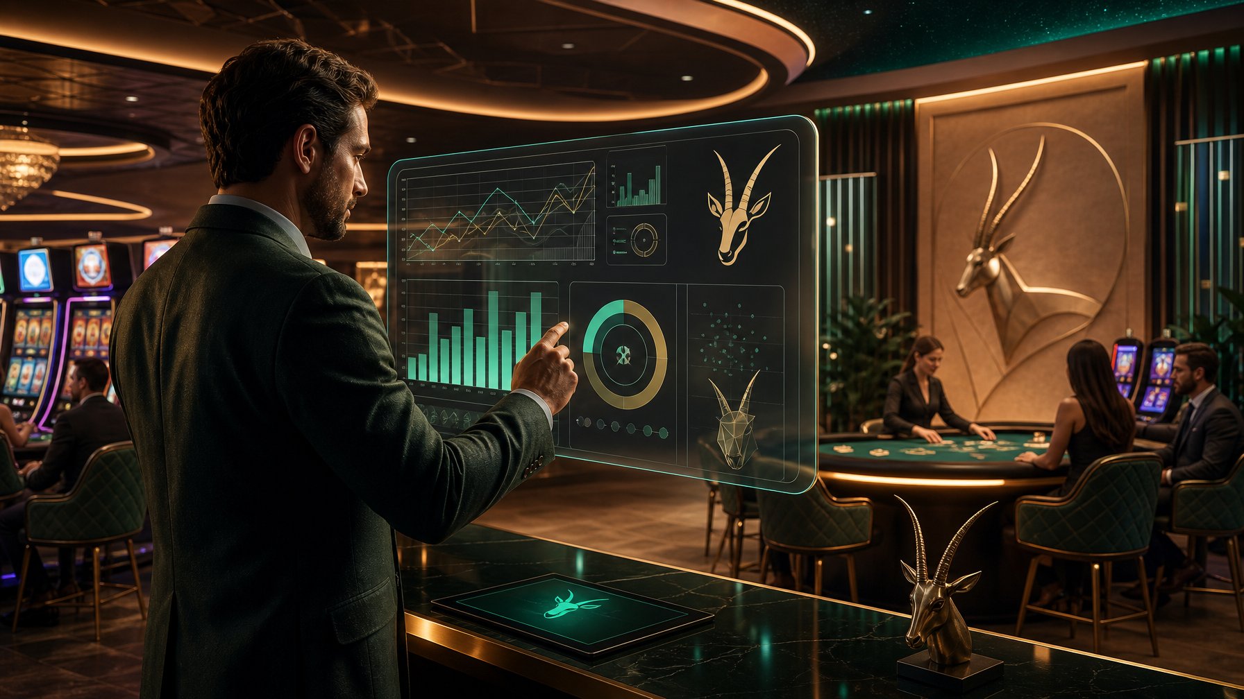 A Person Reviewing Casino Game Data On A Digital Screen In A Modern Gaming Lounge With Slot Machines And Gaming Tables.
