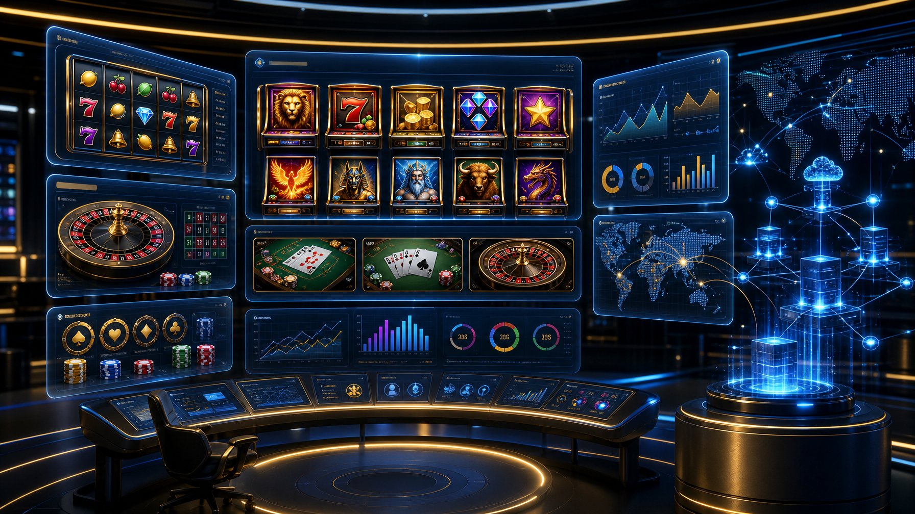 A Futuristic Control Room With Digital Screens Displaying Casino Game Elements And Performance Charts, Illustrating Casino Game Products And Platform Capabilities.