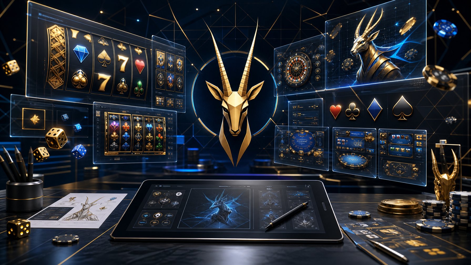 A Digital Workspace Showing Floating Transparent Screens With Casino Game Elements Like Slot Reels, Card Suits, And Dice, Set Against A Background Of Abstract Geometric Patterns.