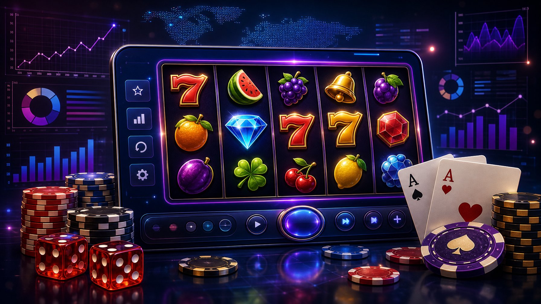 A Digital Casino Gaming Scene With Colorful Slot Machine Reels, Playing Cards, Poker Chips, And Dice Arranged Around A Sleek Interface, Set Against A Dark And Neon Background With Subtle Data Visuals.