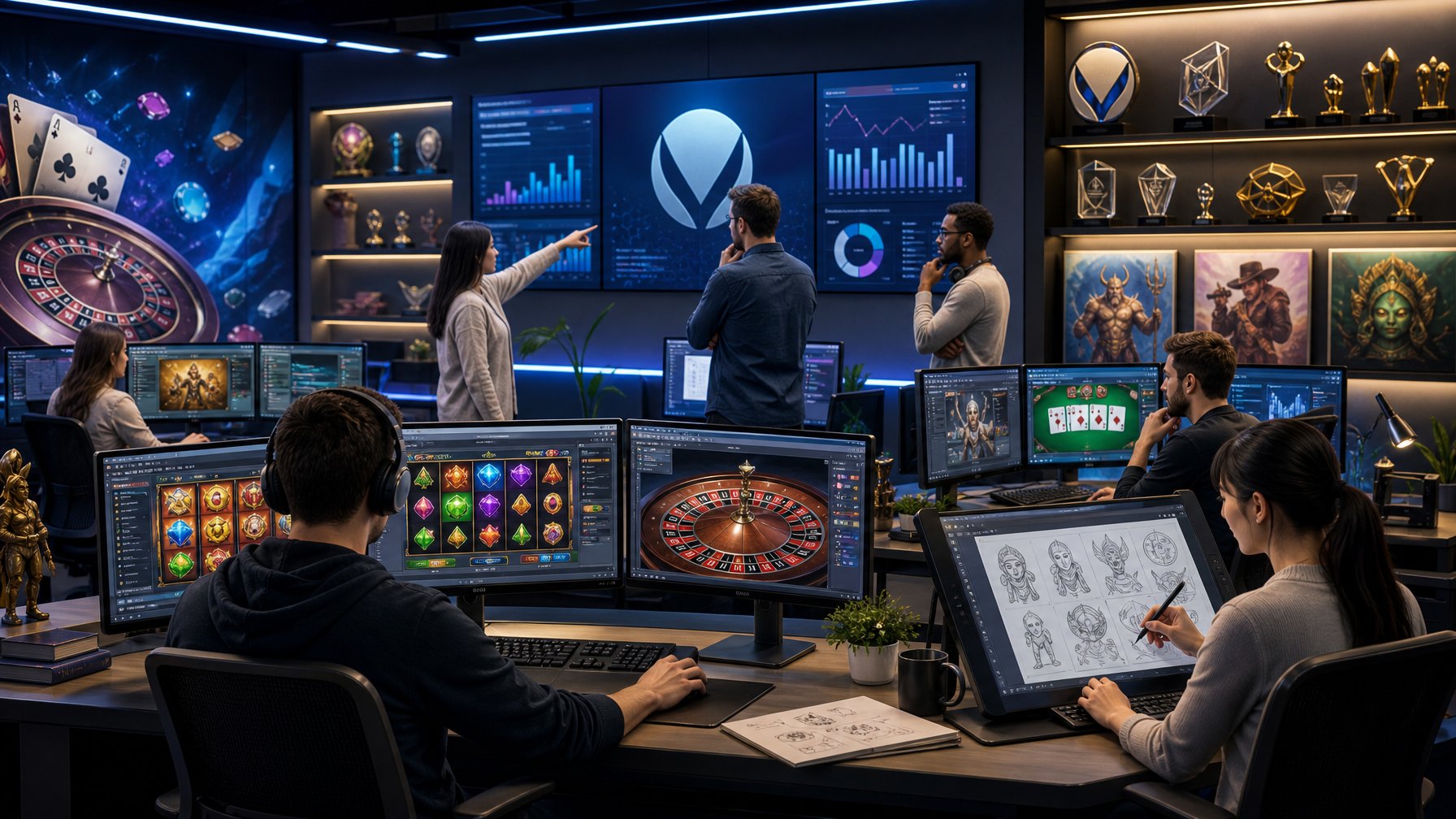 A Modern Gaming Studio With Developers Working On Casino Game Designs, Showing Screens With Casino Game Graphics And Awards Displayed In The Background.