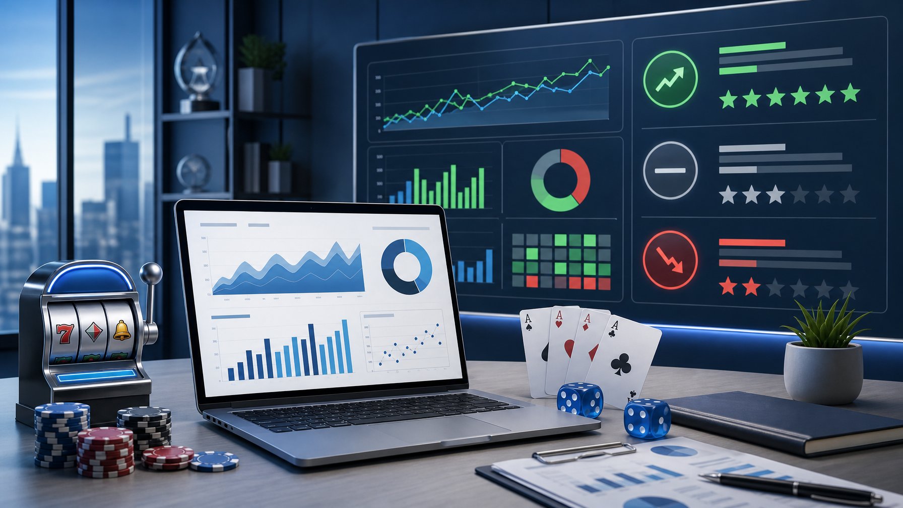 A Desk With A Laptop Showing Charts And Casino Game Icons, With A Digital Screen In The Background Displaying Performance Metrics And Evaluation Indicators.