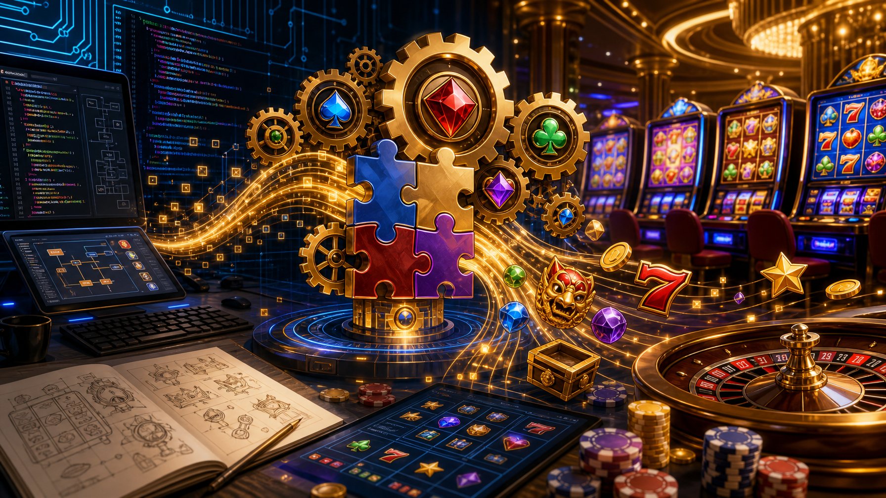 A Modern Casino Scene With Digital Slot Machines And Abstract Elements Representing Game Mechanics And Software Design.