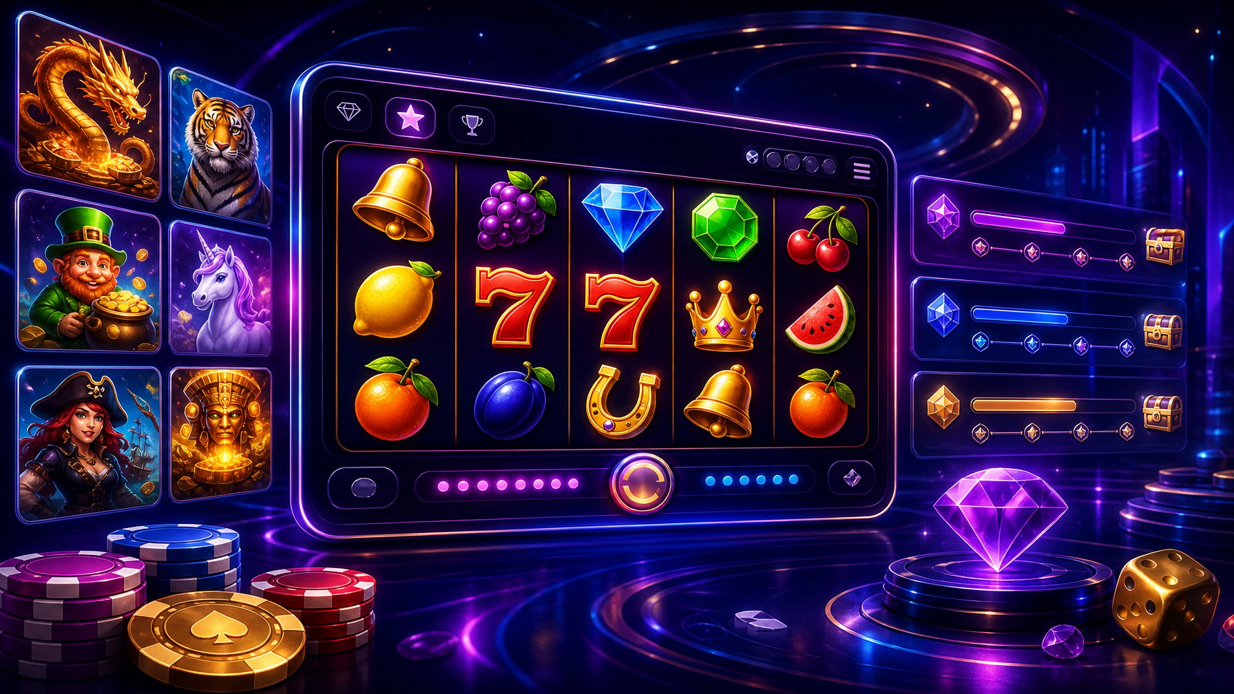 A Digital Casino Game Interface Showing Colorful Slot Machine Reels And Game Thumbnails With Glowing Lights And Abstract Shapes In The Background.