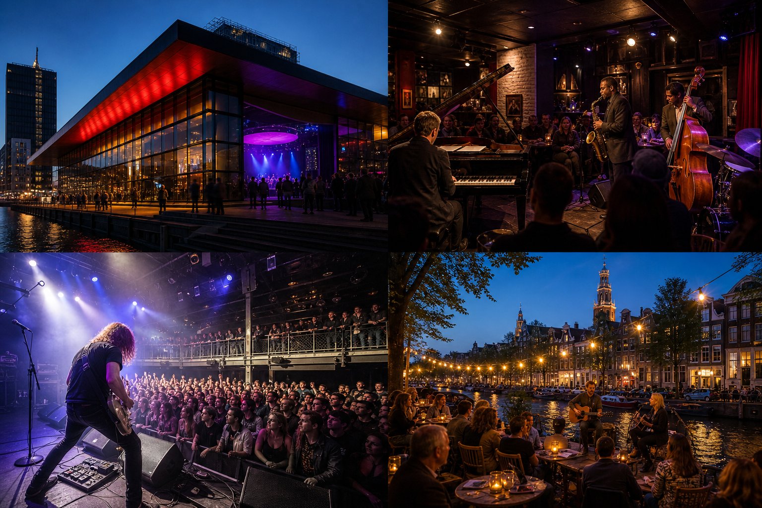 Four different live music venues in Amsterdam including a concert hall, jazz club, rock venue, and outdoor terrace by a canal with people enjoying live performances.