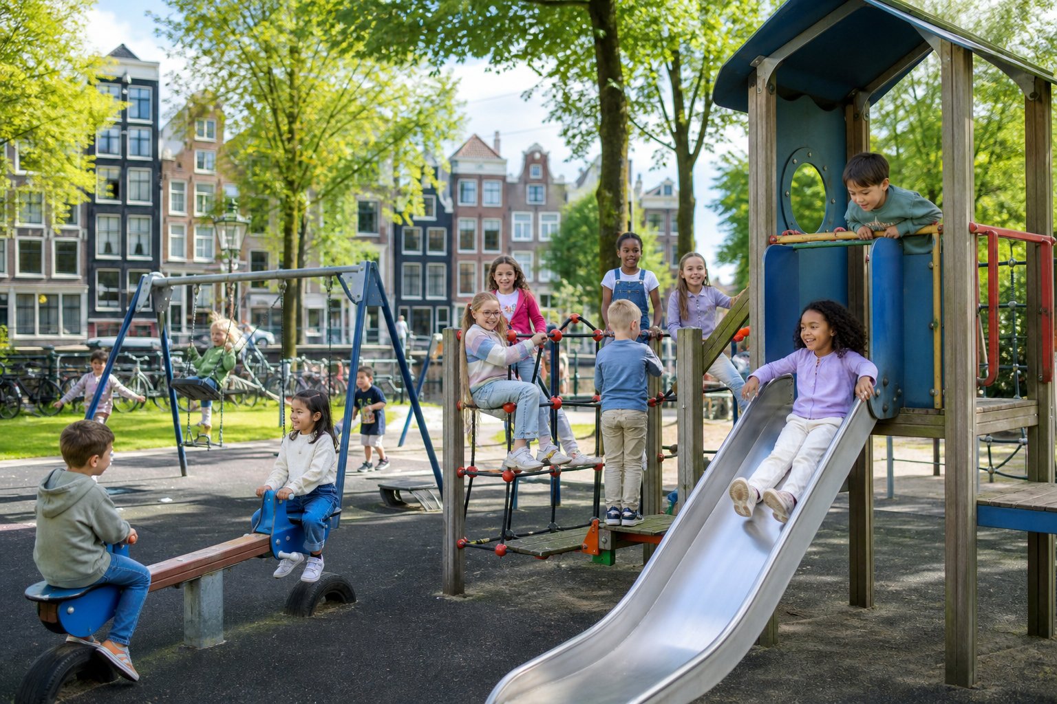 Children playing on colorful playground equipment in a green park with Amsterdam-style buildings and bicycles in the background.