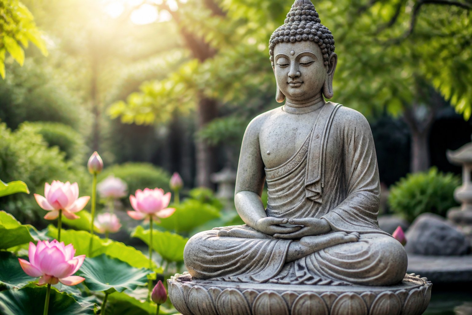 Eine ruhige Buddha-Statue sitzt meditierend in einem Garten mit grünen Pflanzen und Lotusblumen.