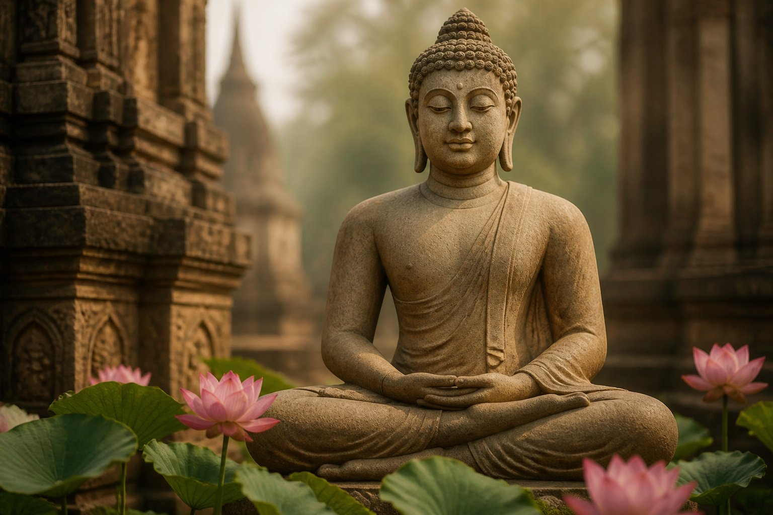 Eine ruhige Darstellung einer Buddha-Statue in Meditationshaltung mit traditionellen asiatischen Elementen im Hintergrund.