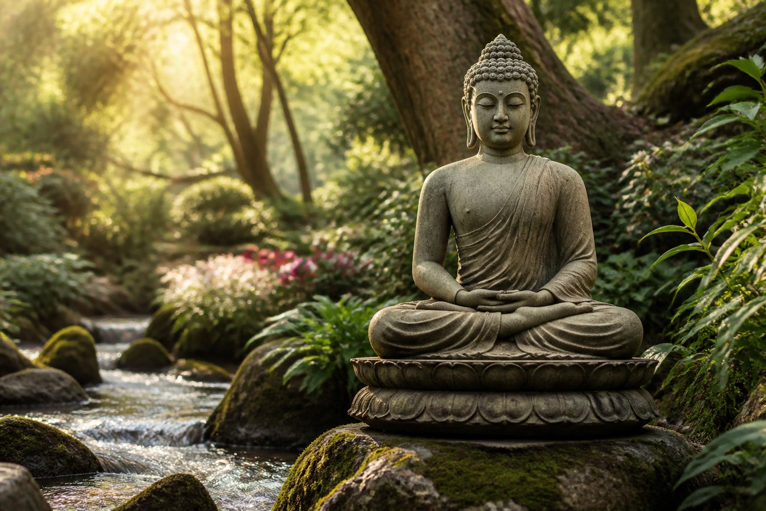 Eine ruhige Buddha-Statue sitzt im Lotussitz in einem friedlichen Garten mit Bäumen, Blumen und einem sanft fließenden Bach.