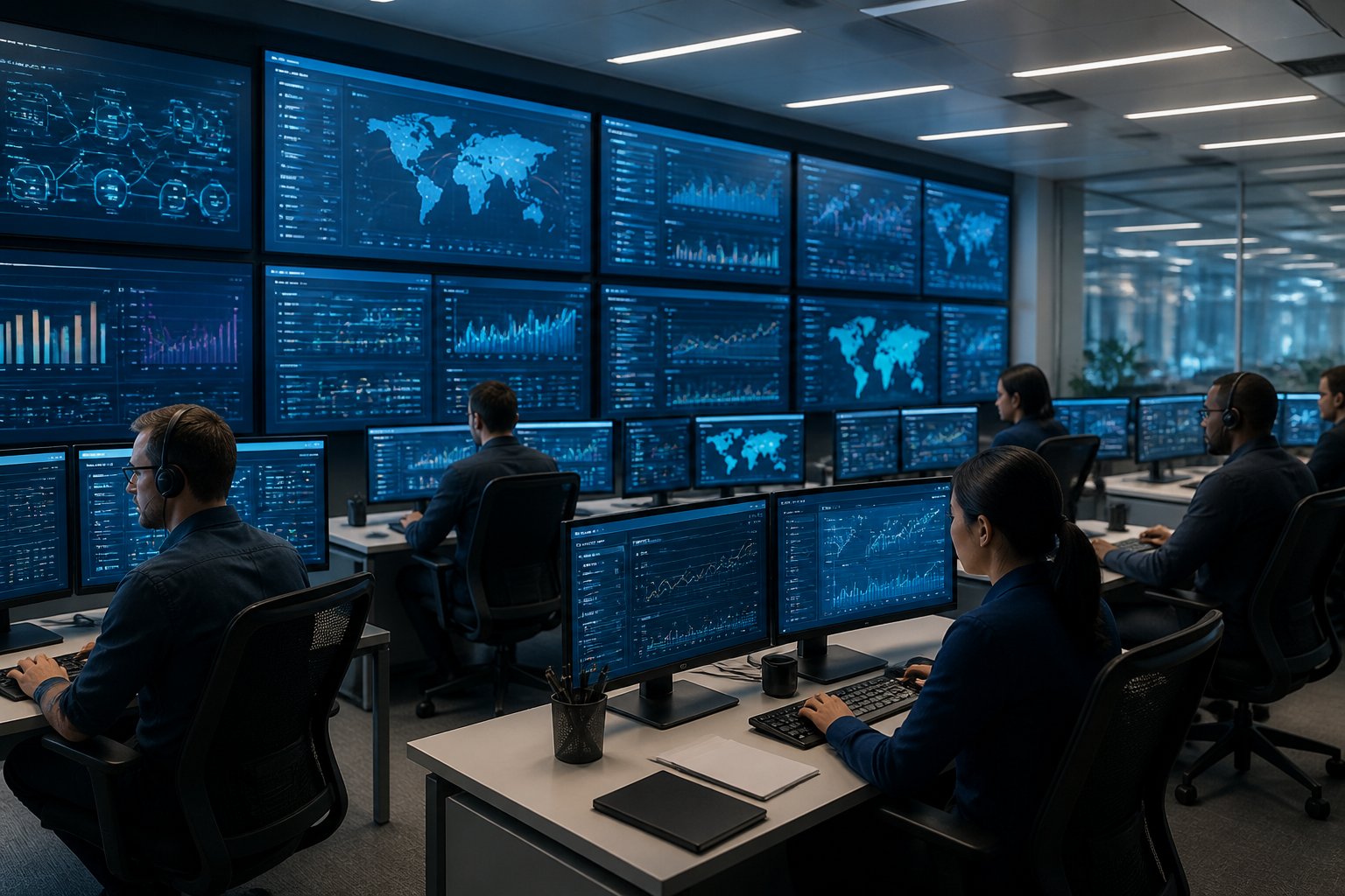 A group of IT professionals monitoring network data on multiple screens in a modern operations center.