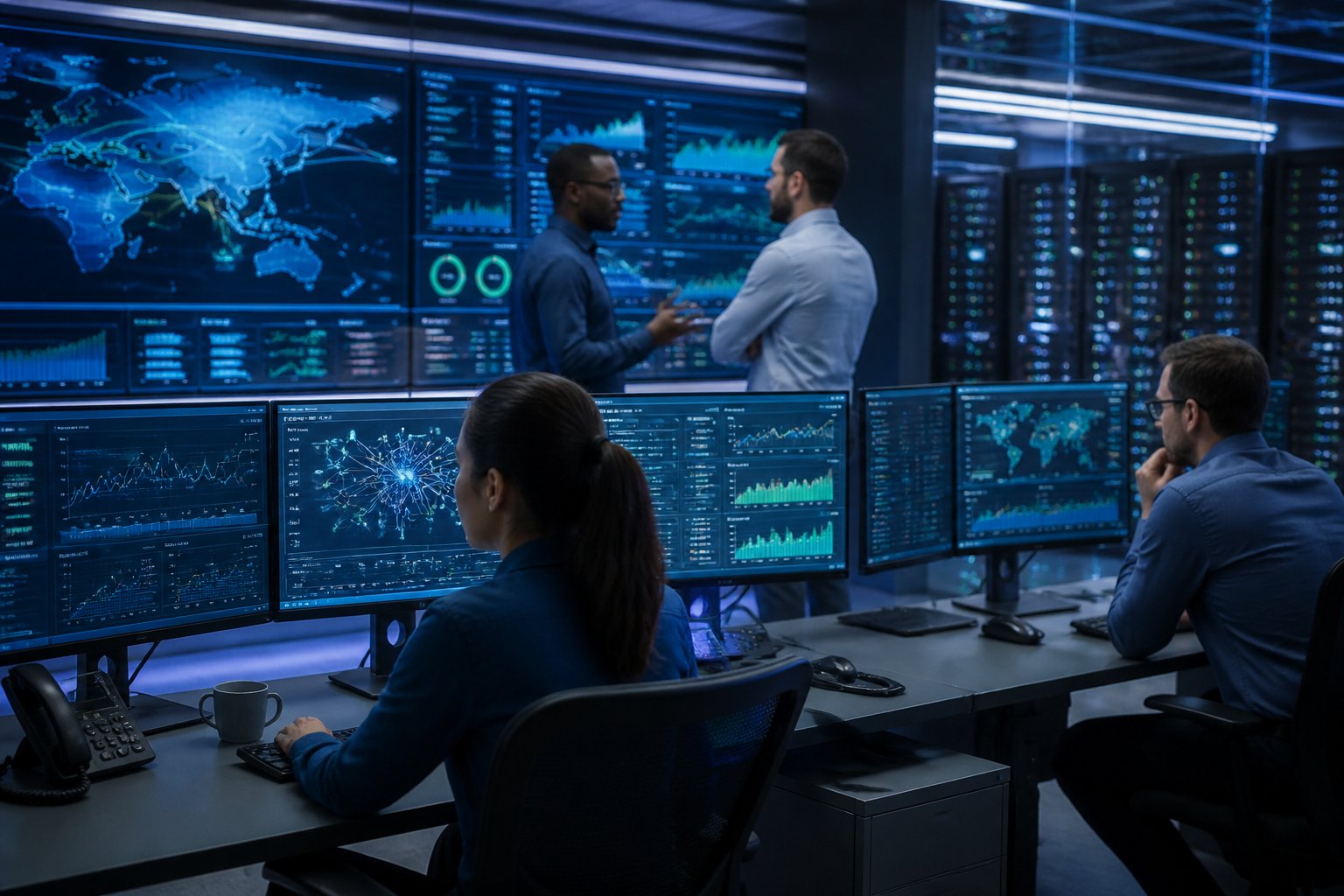 A team of IT professionals working in a Network Operations Center (NOC) with multiple monitors displaying network data and server racks in the background for network monitoring.