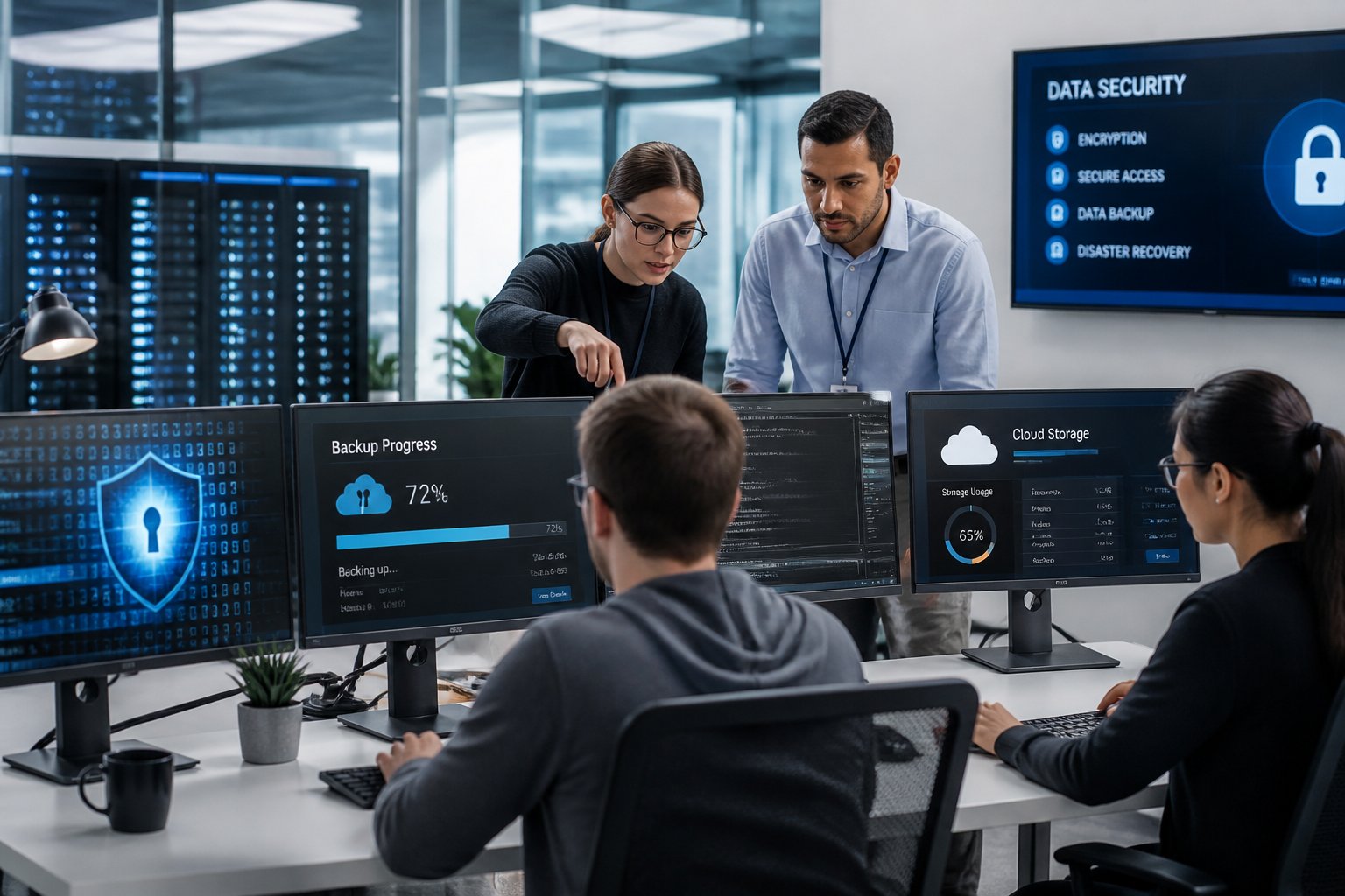 A team of IT professionals working together in an office with computer monitors and server racks focused on data security and backup.