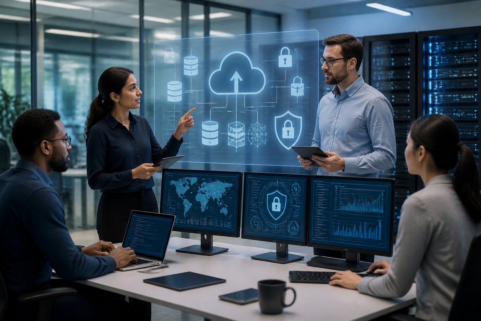 A team of IT professionals working together in a modern office with multiple screens showing data and security graphics, surrounded by server racks and digital interfaces representing secure data backup.