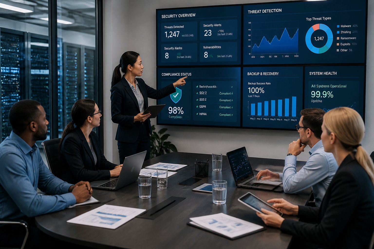 A group of business professionals reviewing security data and backup services in a modern office conference room.