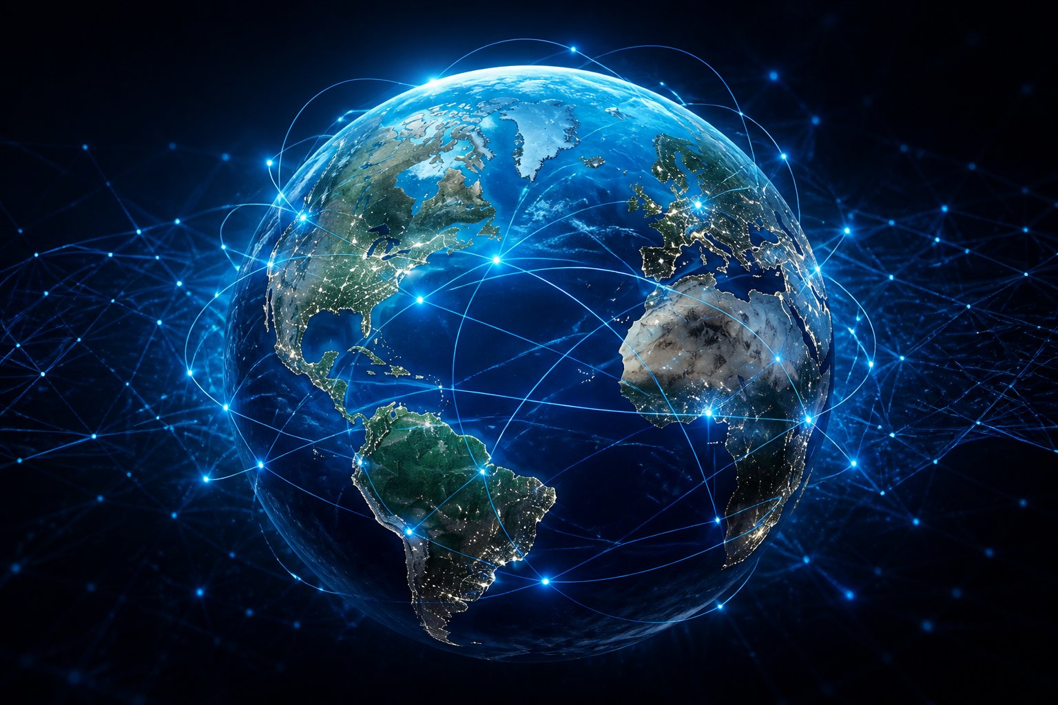 A glowing digital globe with bright network lines connecting different continents on a dark background.
