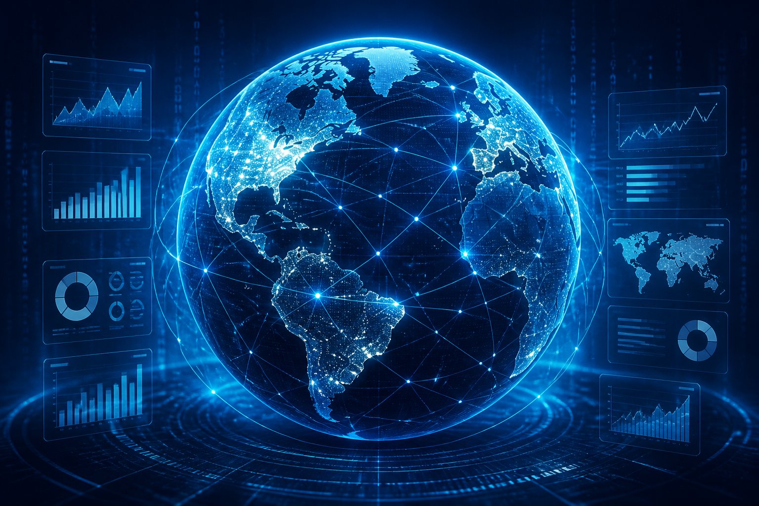 A digital globe with glowing interconnected lines and nodes representing global data networks, surrounded by holographic charts and metrics on a dark blue background.
