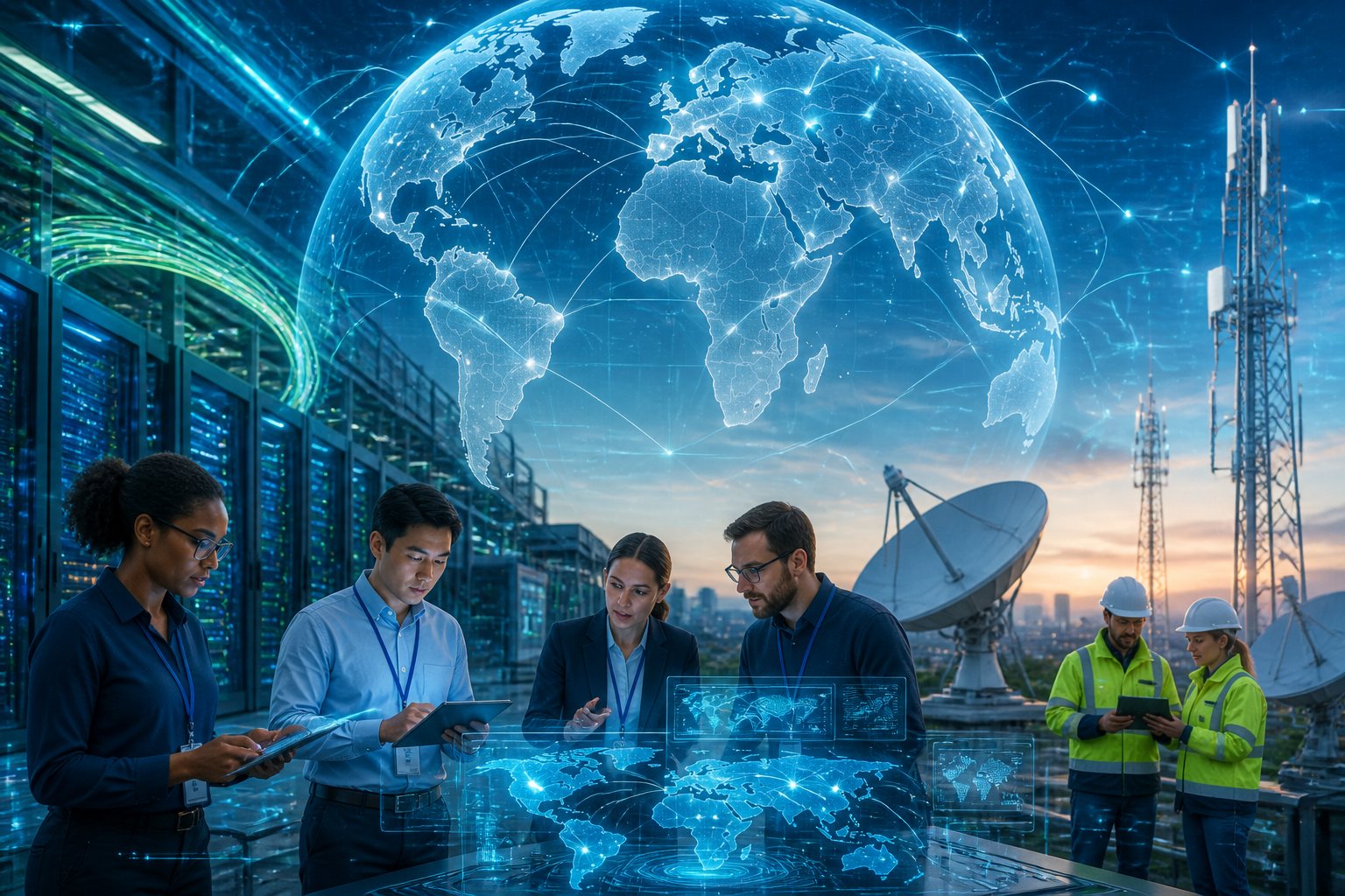 Engineers working in a data center surrounded by servers, digital maps, satellite dishes, and communication towers symbolizing global connectivity.