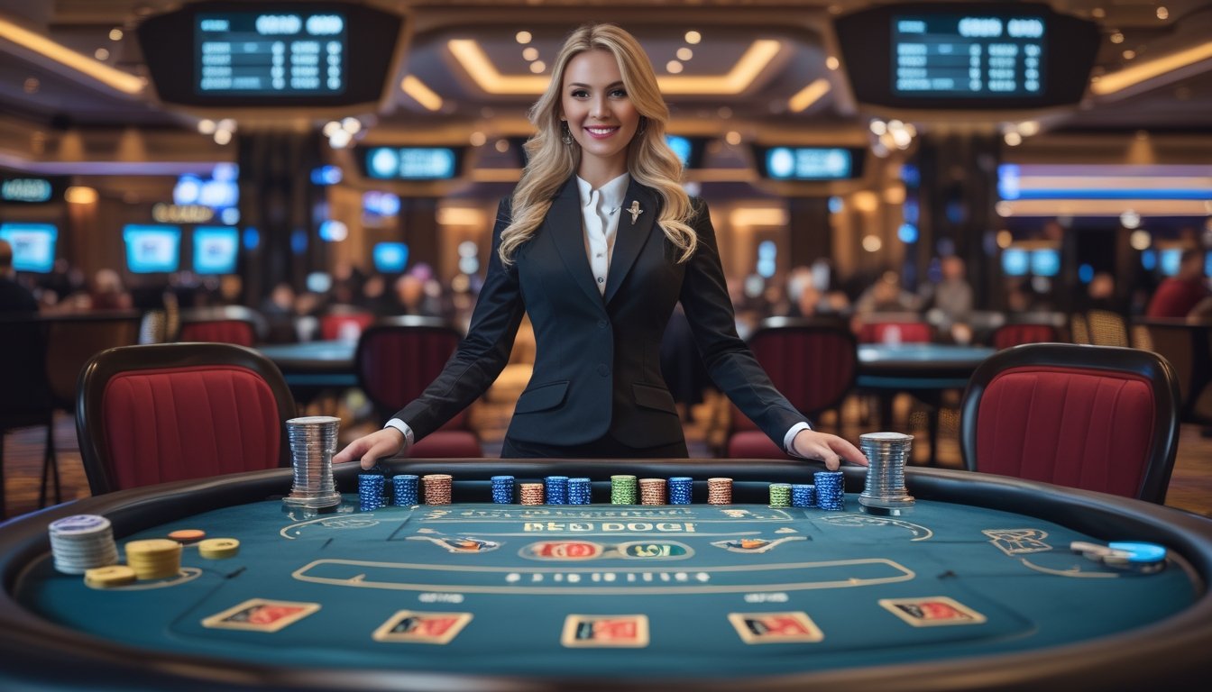 Seorang dealer wanita profesional berdiri di belakang meja permainan Red Dog di kasino modern dengan layar digital dan suasana yang terang.