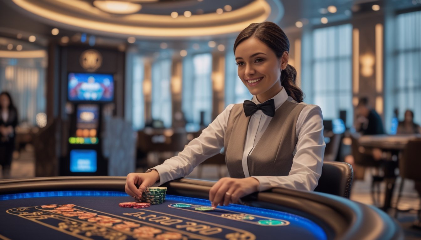 Seorang dealer wanita sedang membagikan kartu di meja permainan Red Dog dengan beberapa pemain memperhatikan di kasino yang mewah.