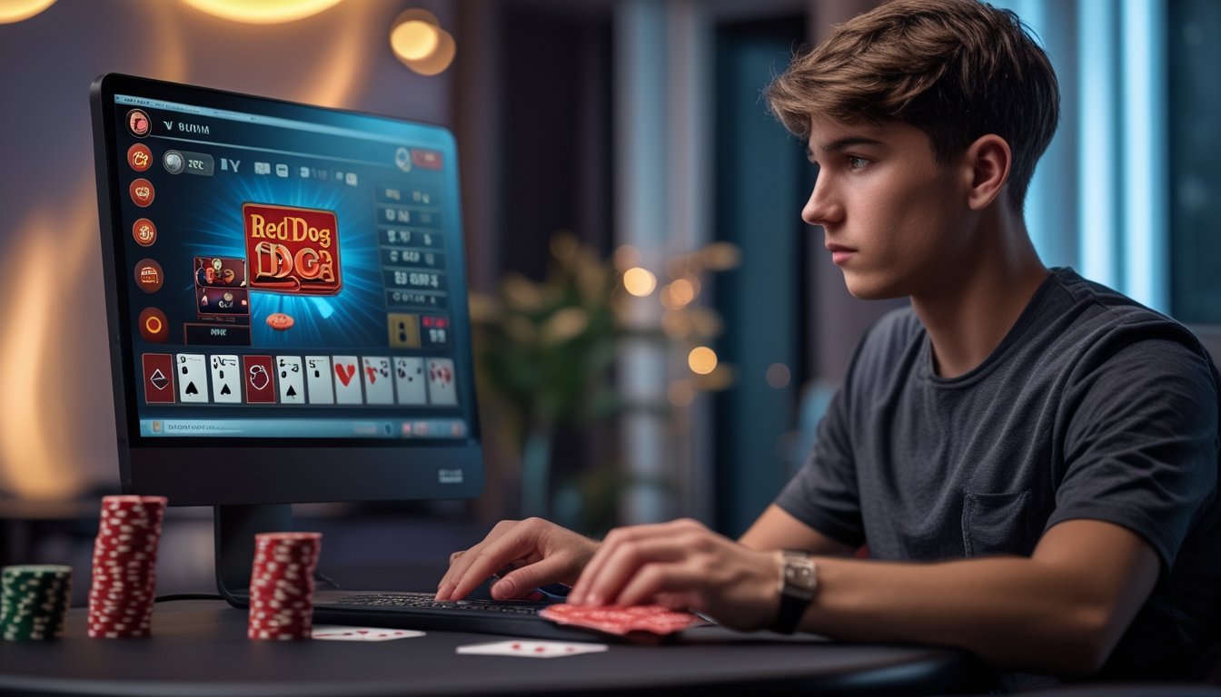 Seorang pemain muda fokus bermain game kartu Red Dog di kasino online dengan komputer dan chip poker di meja.