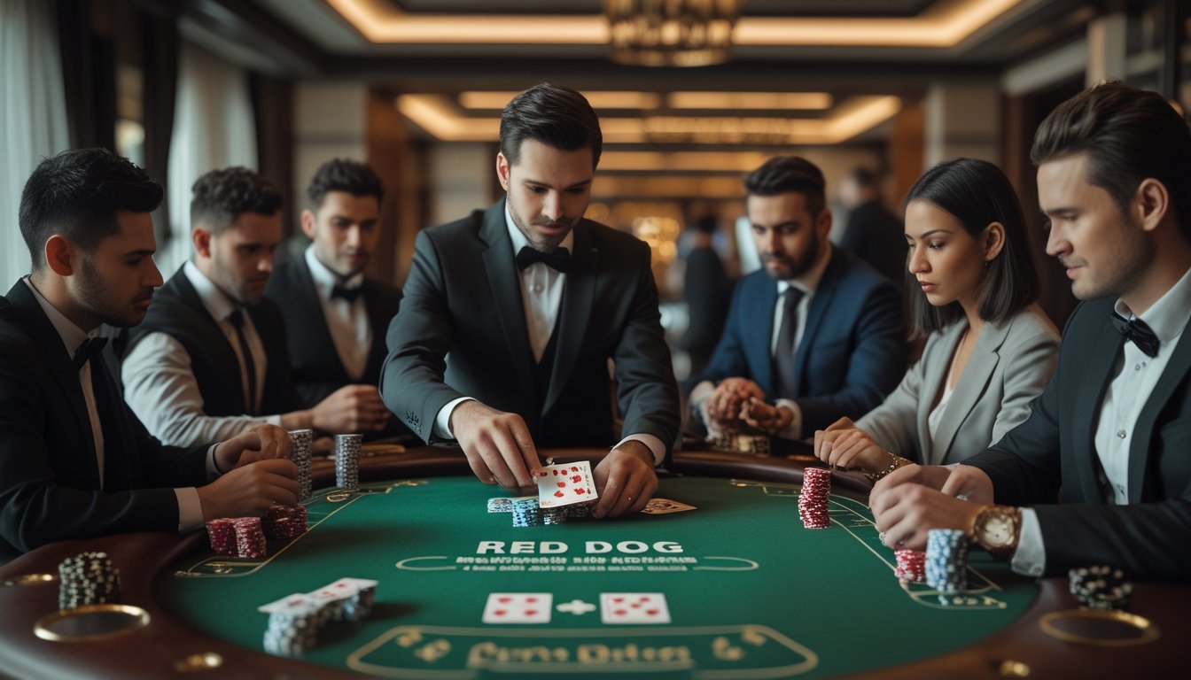 Dealer dan pemain bermain kartu Red Dog di meja kasino dengan suasana kasino langsung yang elegan.