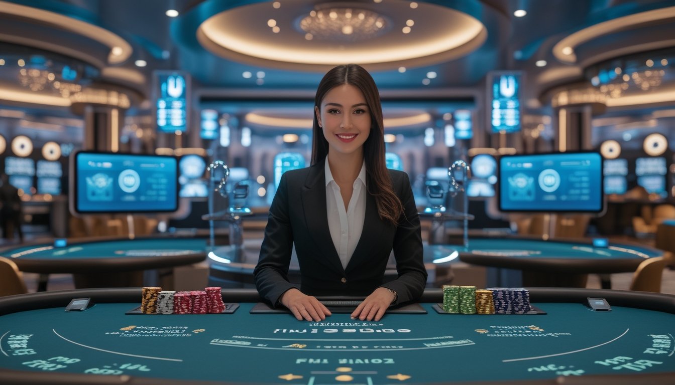 Seorang dealer wanita di meja kasino langsung dengan peralatan streaming modern dan sistem keamanan canggih di latar belakang.