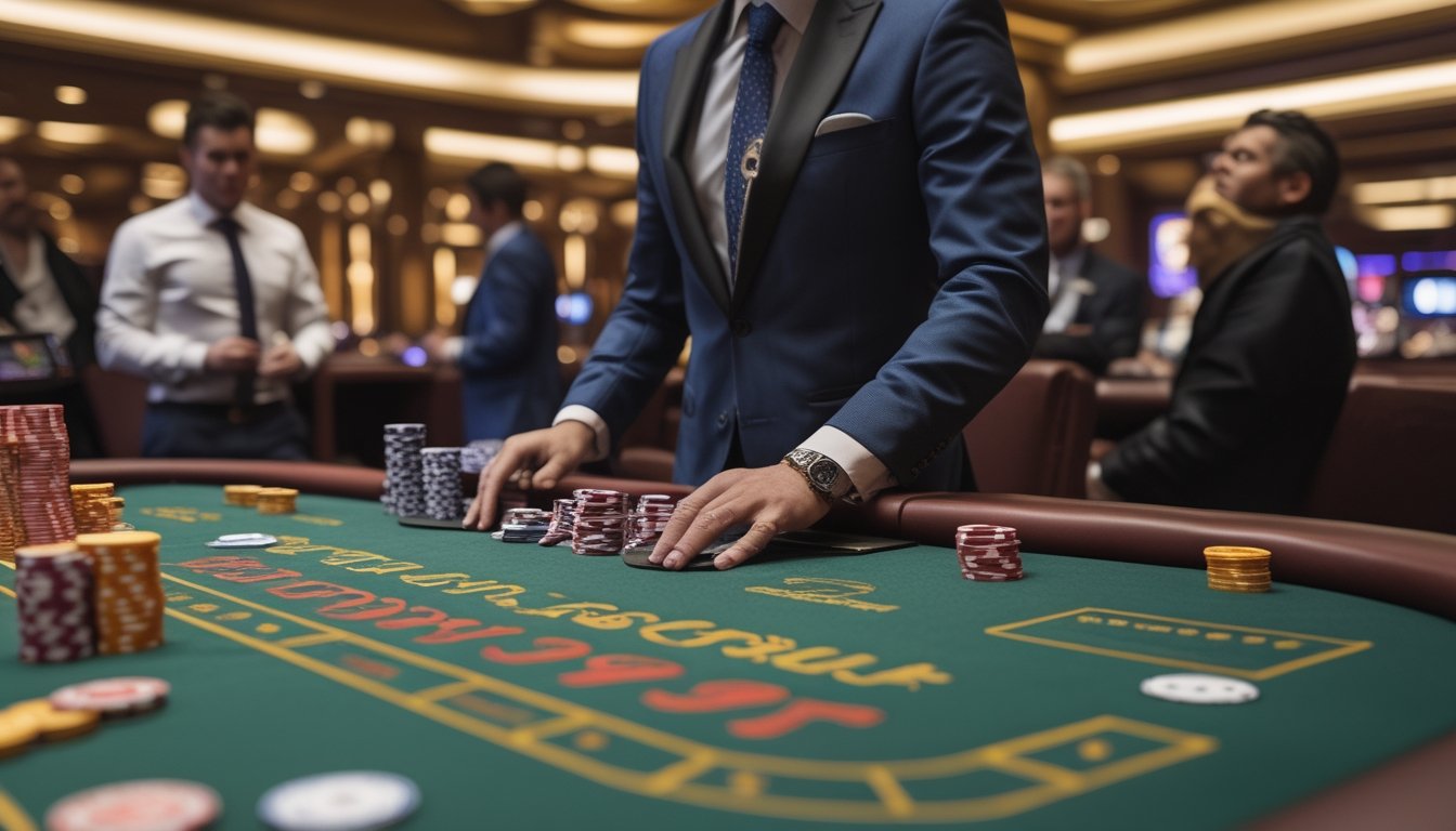 Seorang dealer di meja kasino live Red Dog Premium dengan pemain dan chip taruhan tinggi di sekitarnya.