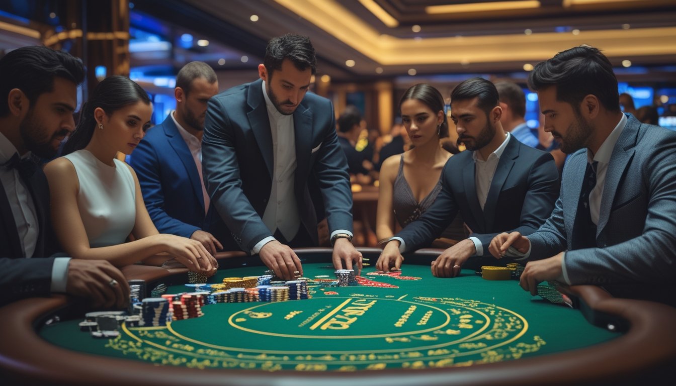 Suasana meja kasino Red Dog Premium dengan dealer dan pemain yang sedang fokus mengelola taruhan tinggi di meja live casino.