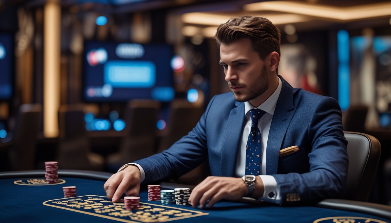 Seorang pemain profesional sedang fokus bermain Red Dog di kasino online dengan suasana modern dan pencahayaan lembut.