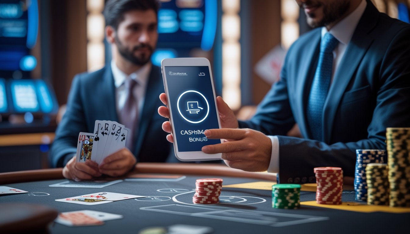 Seorang pemain VIP di kasino langsung menerima notifikasi bonus cashback pada perangkat digital di meja permainan dengan dealer langsung.