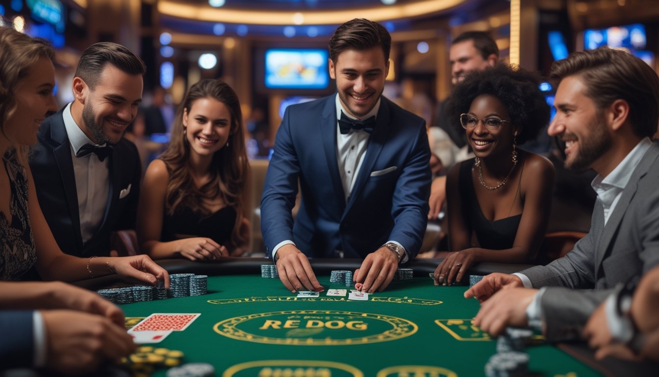 Seorang dealer kartu dan beberapa pemain sedang bermain game kartu Red Dog di meja kasino dengan suasana yang ceria dan elegan.