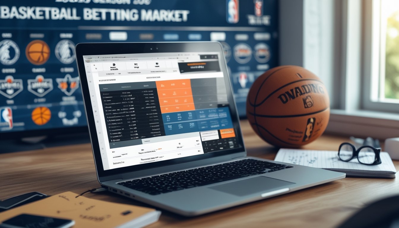 Meja kerja dengan laptop menampilkan statistik bola basket NBA dan alat tulis di sekitarnya, dengan latar belakang layar digital yang menampilkan logo tim NBA dan data terkait taruhan bola basket.