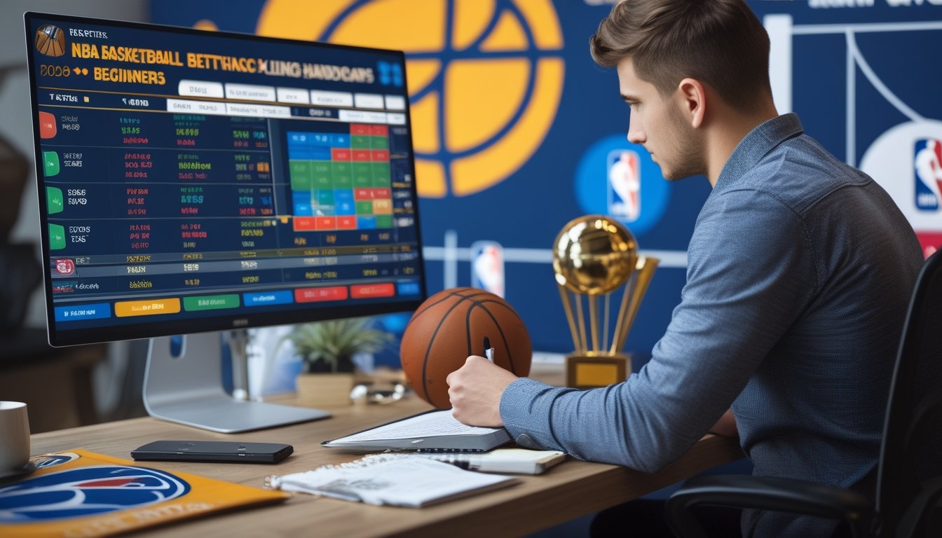 Seorang pemuda sedang menganalisis data taruhan bola basket NBA di depan layar digital dengan statistik dan grafik, di meja terdapat bola basket dan alat tulis.