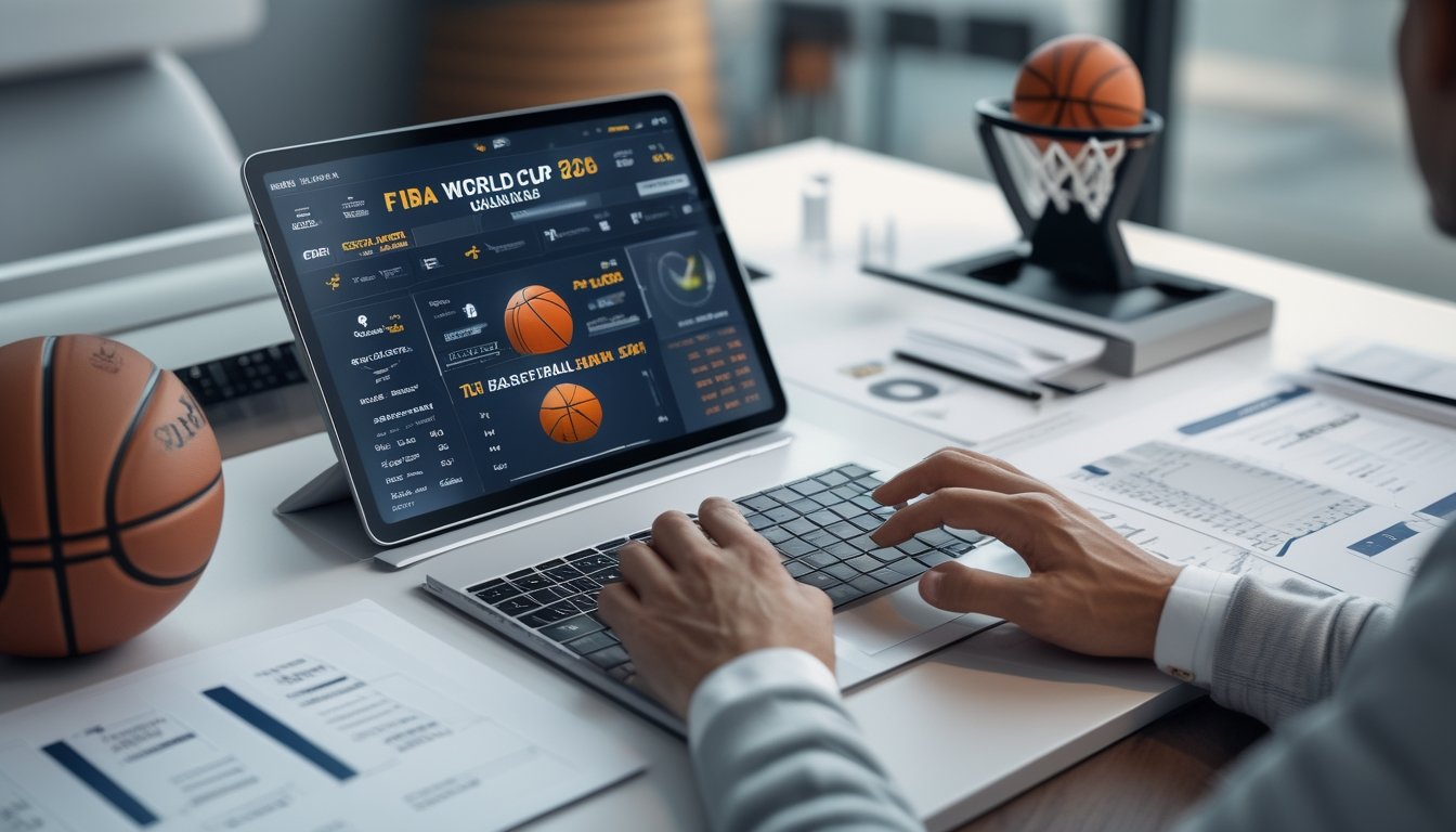 Orang yang sedang menggunakan tablet dengan statistik dan peluang taruhan bola basket, dikelilingi oleh bola basket dan grafik analisis olahraga.