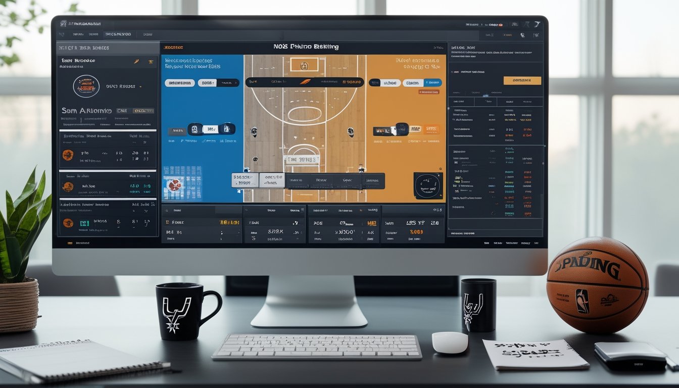 Seorang analis olahraga sedang bekerja dengan komputer yang menampilkan statistik dan peluang taruhan NBA, dengan bola basket dan barang-barang San Antonio Spurs di meja kerja.