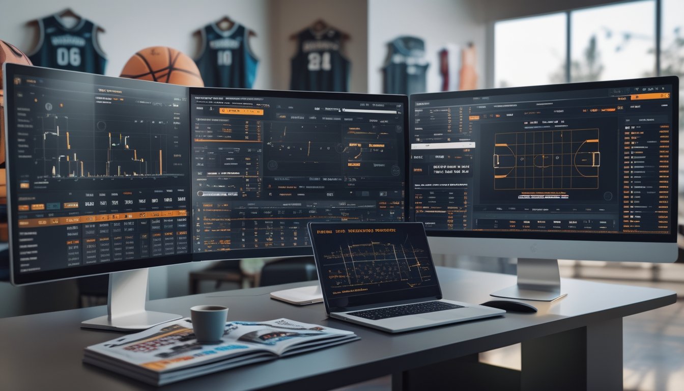 Seorang analis olahraga sedang bekerja di meja dengan beberapa monitor yang menampilkan statistik dan peluang taruhan NBA, fokus pada San Antonio Spurs sebagai calon juara.
