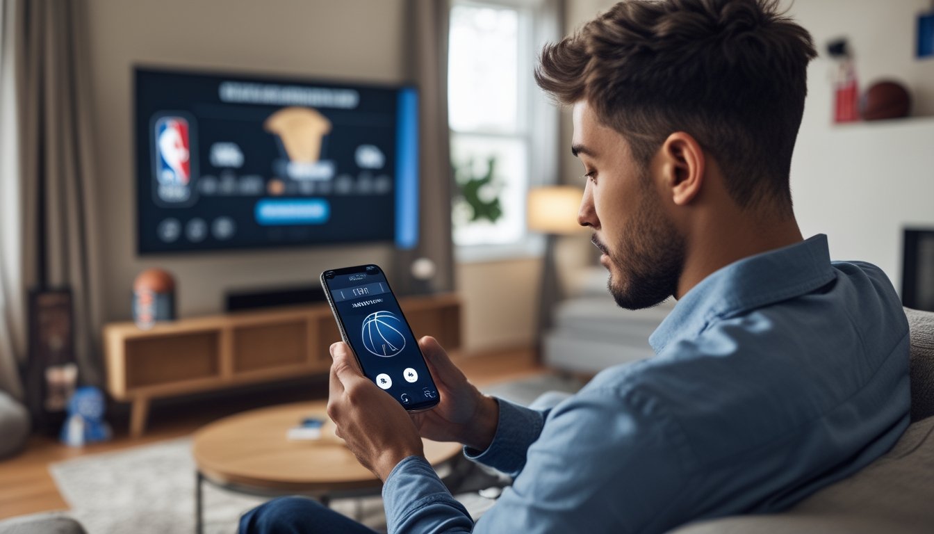 Seorang pria muda menggunakan ponsel untuk memasang taruhan langsung pertandingan basket NBA di ruang tamu dengan televisi menampilkan pertandingan.