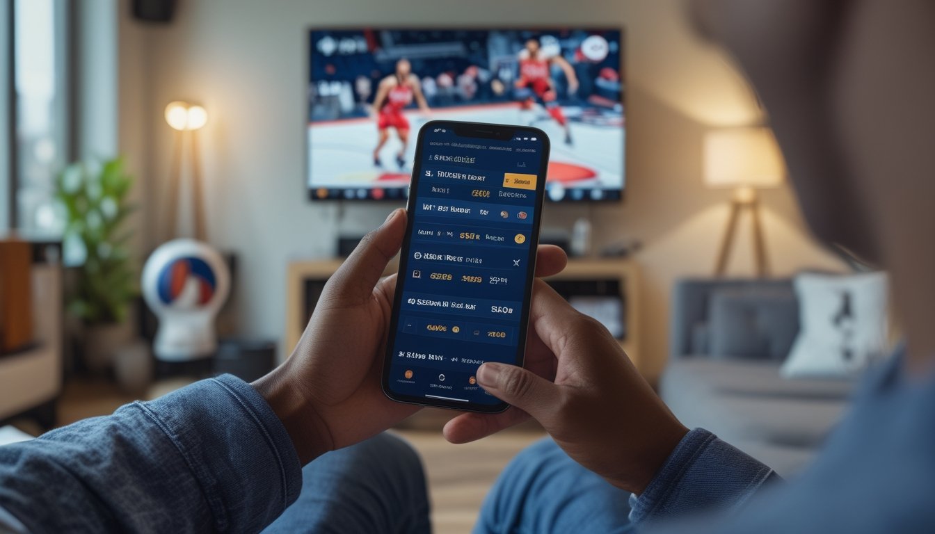Seseorang menggunakan ponsel untuk memasang taruhan live pada pertandingan basket NBA yang sedang berlangsung di televisi.