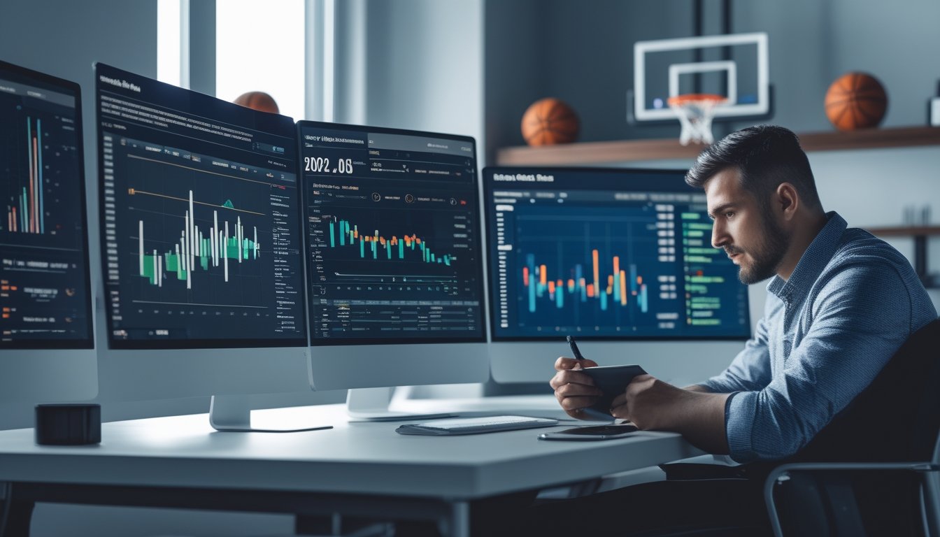 Seorang analis sedang mempelajari data statistik bola basket di depan beberapa layar komputer di ruang kerja modern.