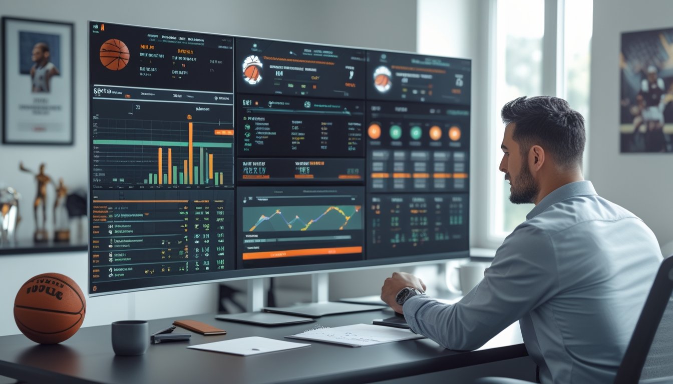 Seorang profesional sedang menganalisis statistik pemain basket di depan layar komputer dengan grafik dan data, di sebuah ruang kerja yang terang dan rapi.