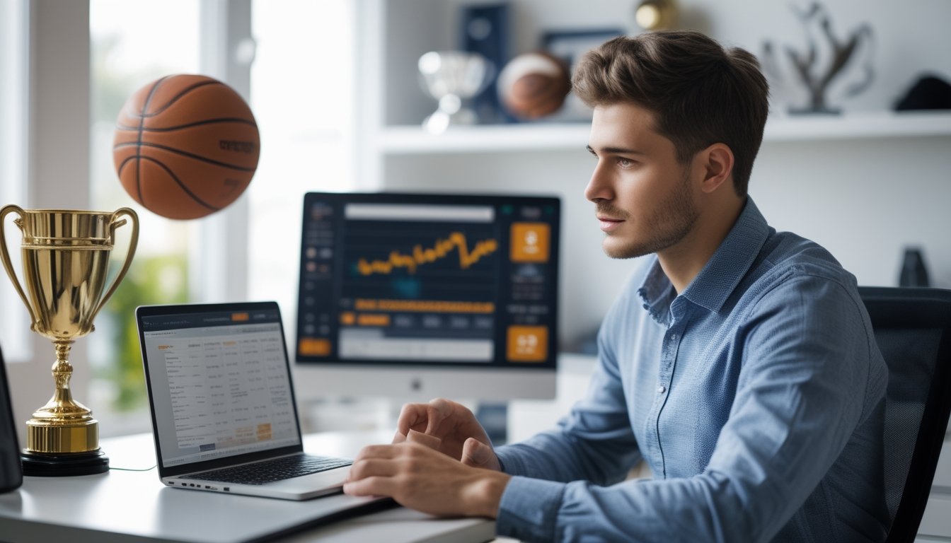 Seorang pria muda duduk di meja dengan laptop yang menampilkan situs judi olahraga basket, mengamati data dan statistik dengan latar belakang memorabilia basket.