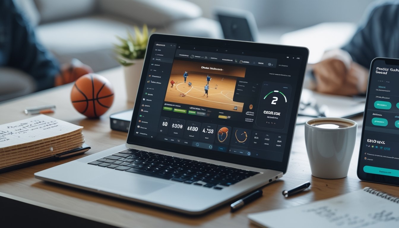 Meja kerja modern dengan laptop menampilkan pertandingan basket dan perangkat digital lain yang menunjukkan bonus cashback mingguan.
