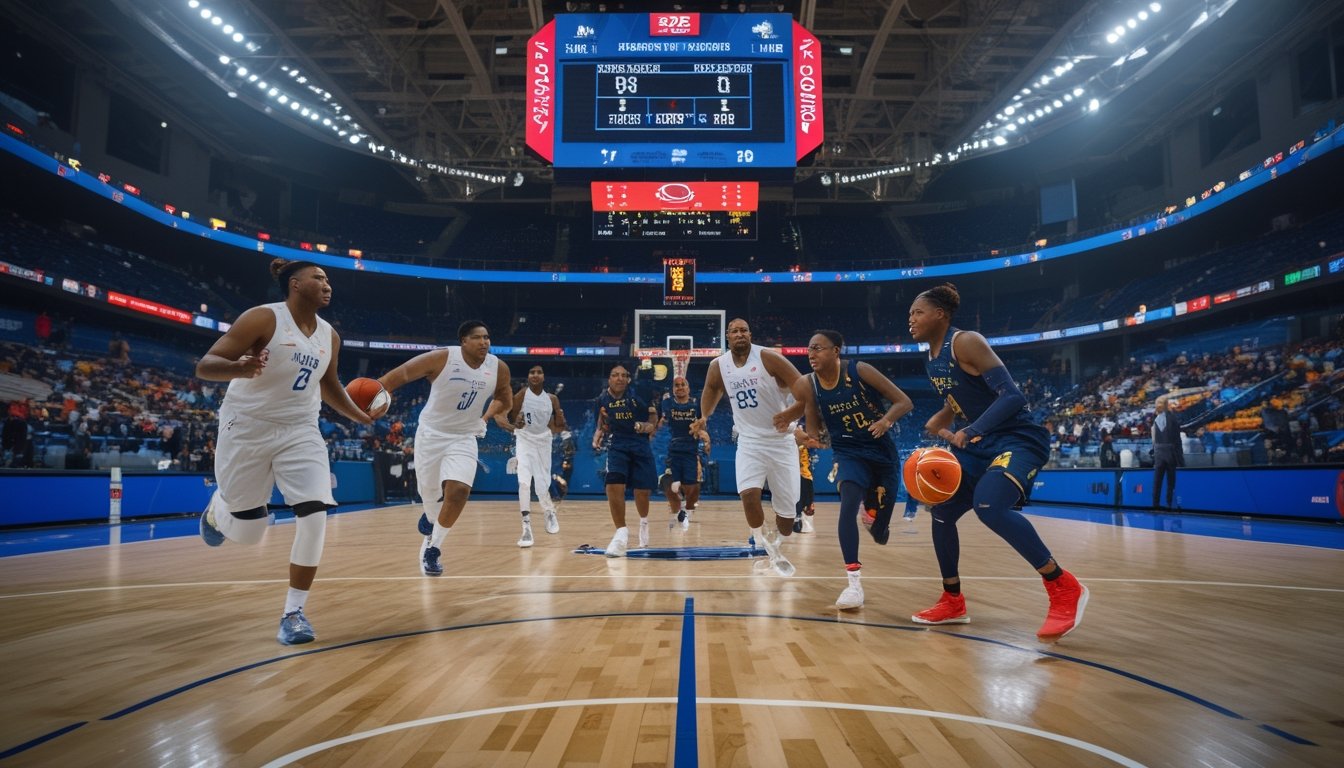 Pertandingan basket internasional dengan pemain yang sedang bermain di lapangan dalam kuarter pertama, menampilkan papan skor digital dan penonton di stadion.