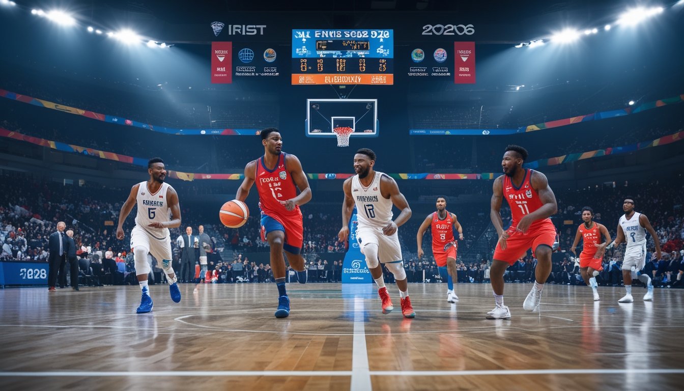 Pertandingan bola basket internasional sedang berlangsung dengan pemain beraksi di kuarter pertama di sebuah arena penuh penonton.