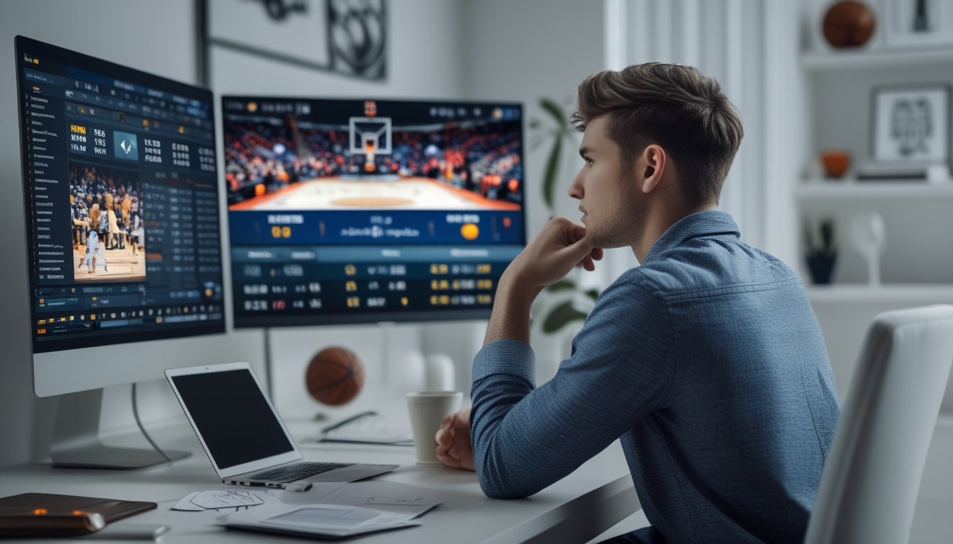 Seorang pria muda fokus menonton pertandingan basket langsung di layar besar sambil menganalisis data di laptop di ruang kerja modern.